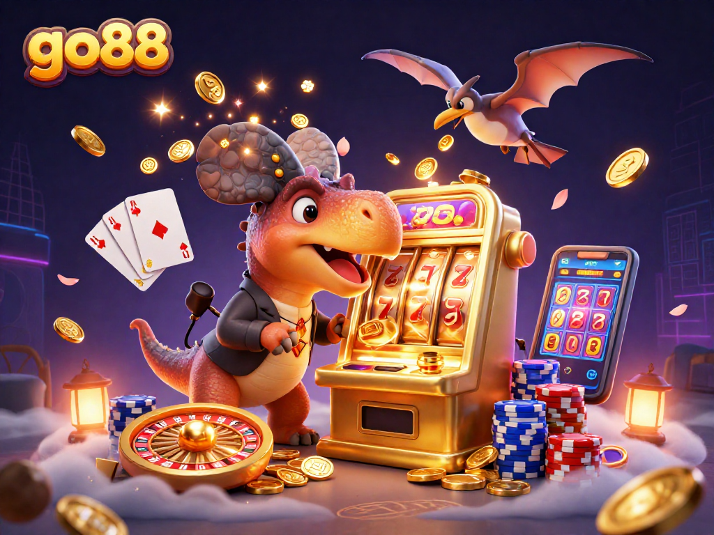 Experience the go88 jackpot rush as creatures engage with dynamic casino elements, including golden coins and vibrant gameplay.