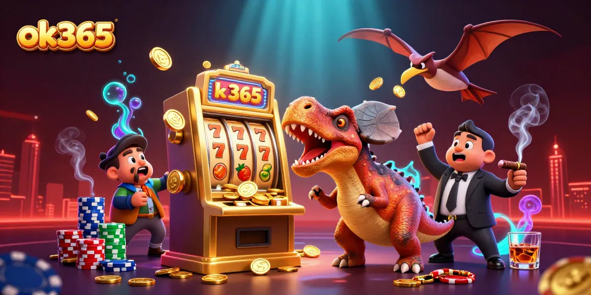 ok365 slot machine jackpot illustration with dinosaur characters, vibrant casino elements, and dynamic energy