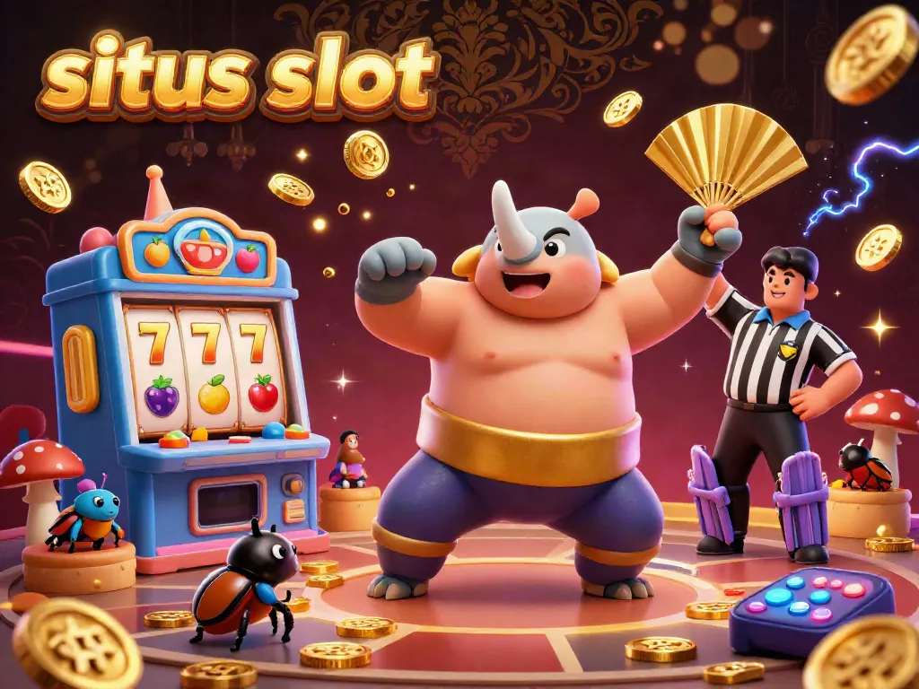 Menyaksikan aksi menarik di situs slot yang dipimpin oleh juara sumo kumbang badak, dikelilingi oleh mesin permainan dan koin emas.