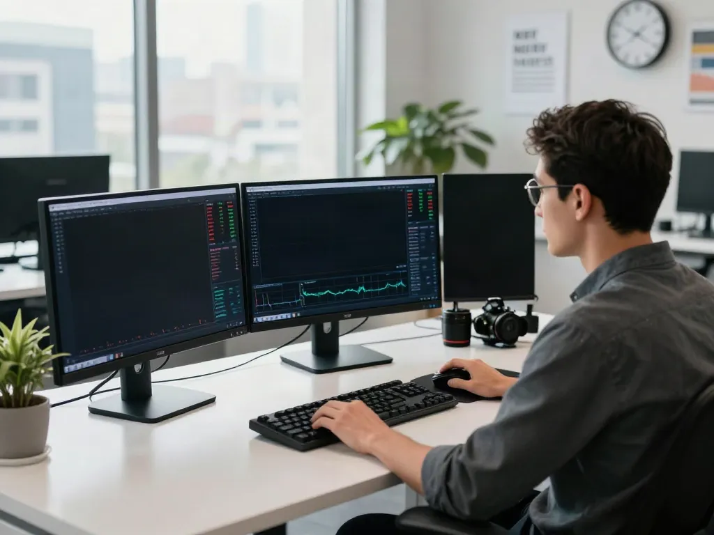 Trader using MetaTrader 5 on multiple screens in a bright office space