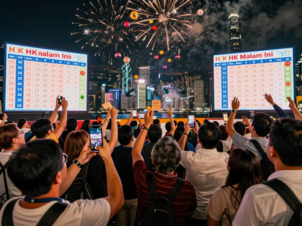 HK Malam Ini lottery draw scene with excited crowd watching live results, showcasing vibrant atmosphere and thrilling engagement.