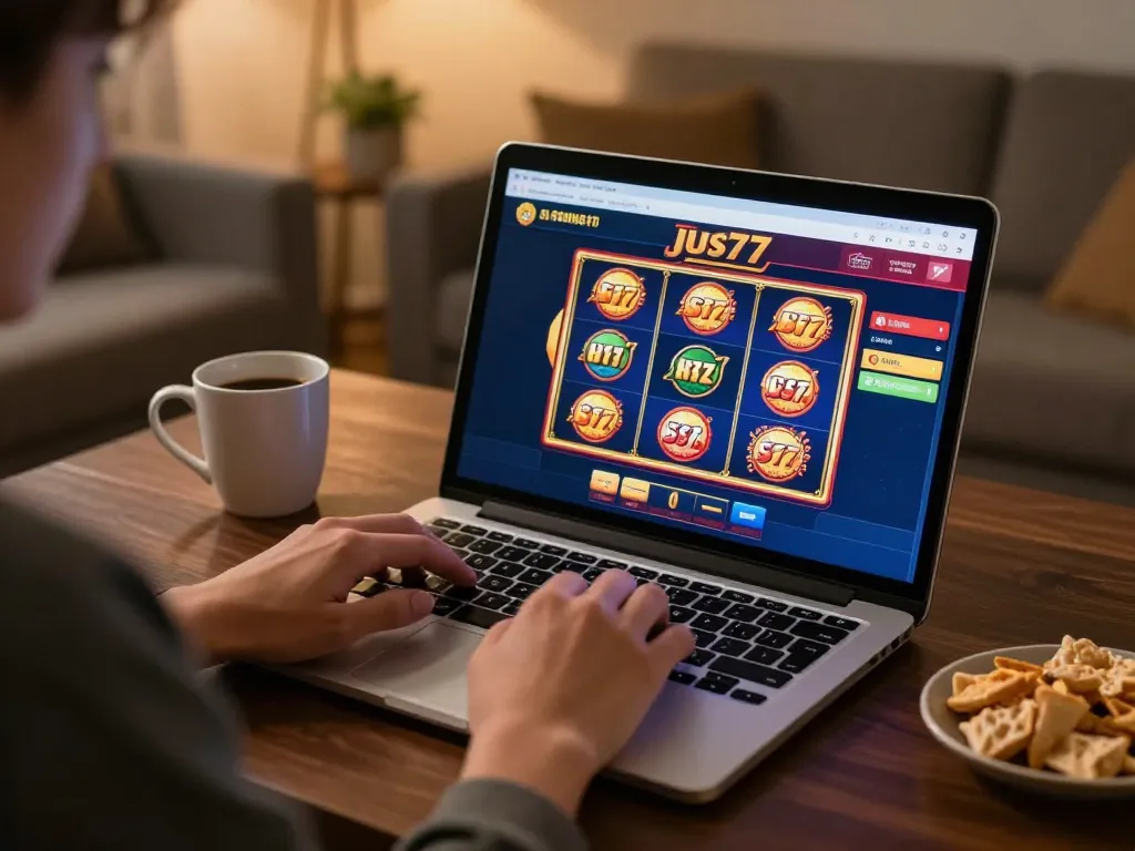 Playing exciting jus77 online slots from a cozy home setup, showcasing engaging gameplay moments.