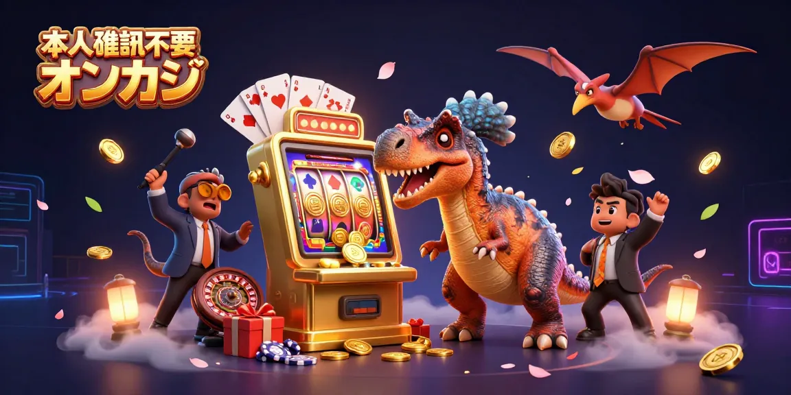 本人確認不要 オンカジのカジノで、恐竜たちがジャックポットを狙う様子を描いたカラフルなイラスト