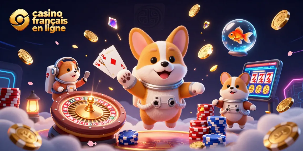 Casino français en ligne : illustration animée d'un corgi astronaute flottant dans un casino spatial.