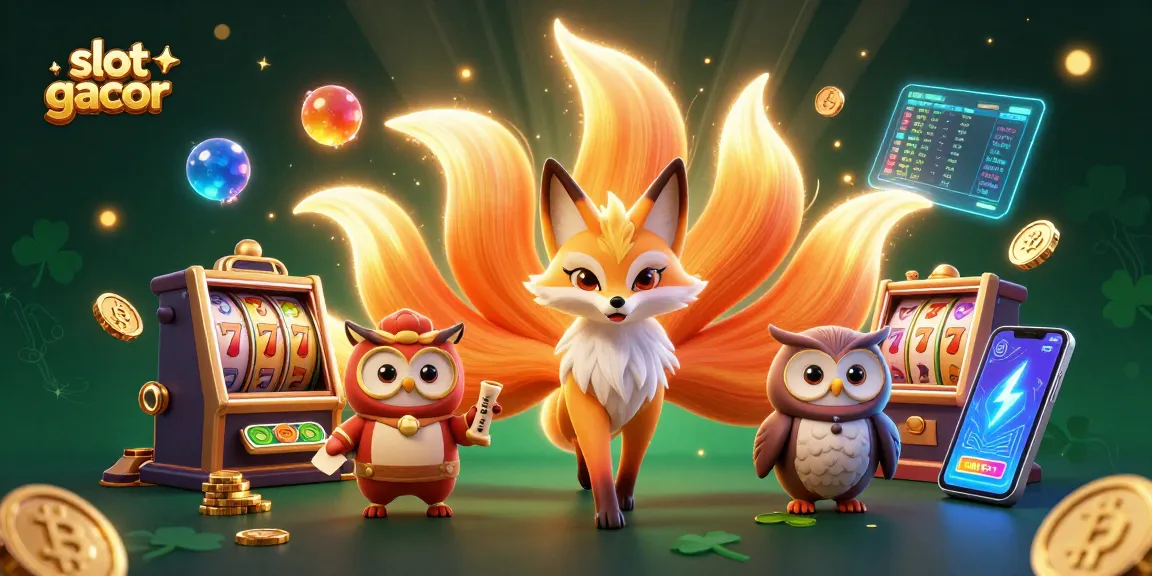 Engage with slot gacor action featuring a vibrant nine-tailed fox spirit amidst a lively casino scene.