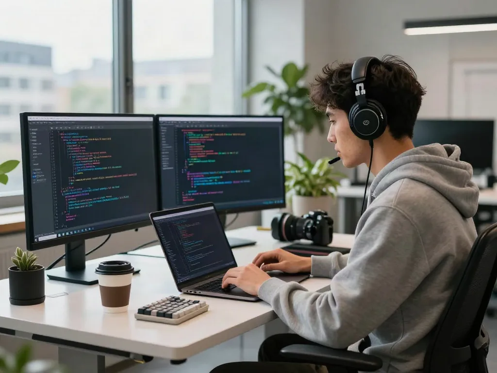 Brave developer focused on coding in a modern workspace, showcasing productivity and innovation.