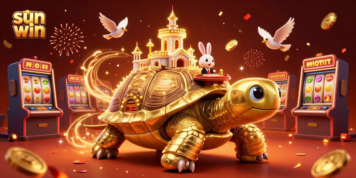 Win big at sun win with this vibrant casino scene featuring a golden tortoise, casino palace, and celebratory elements.