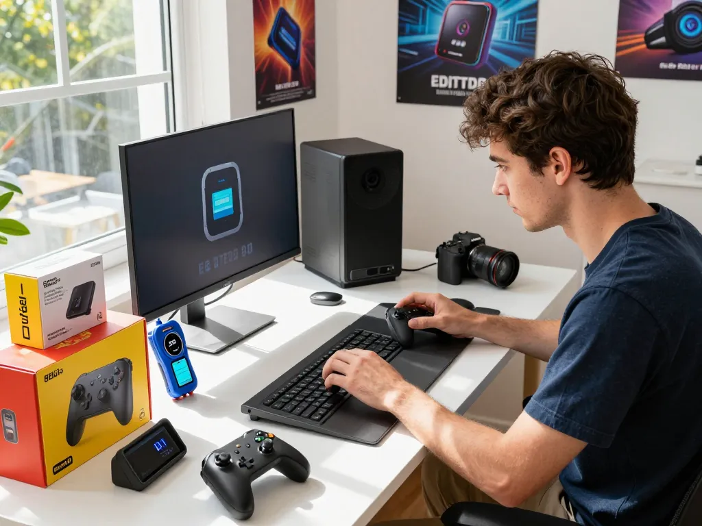 Young tech enthusiast explores must-have tech gadgets in a modern workspace, surrounded by innovative devices and bright sunlight.