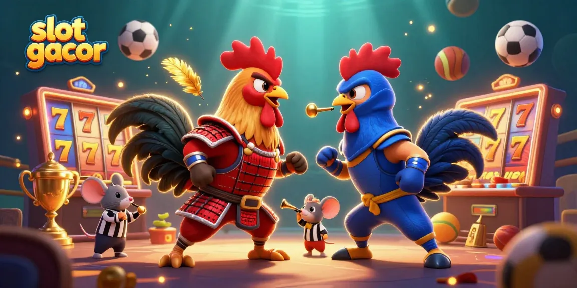 Experience the thrill of slot gacor with dynamic roosters and vivid casino elements in a colorful scene.