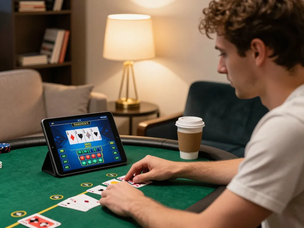 Engaging in live poker online with onbet on a tablet in a cozy home environment