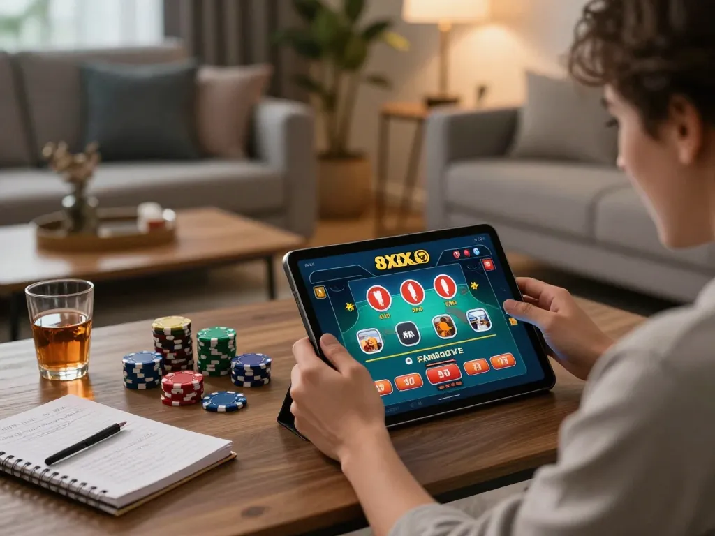 Placing a bet on 8xx bet through a tablet in a cozy home setting with strategic notes visible.