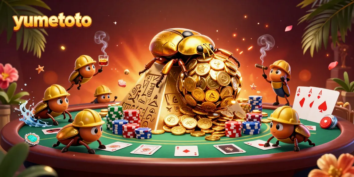 Experience the thrilling yumetoto action with golden beetles and poker elements in a vibrant casino scene.