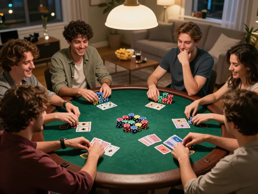 Friends enjoying an engaging poker night at home using Open88 for an exciting gaming experience.