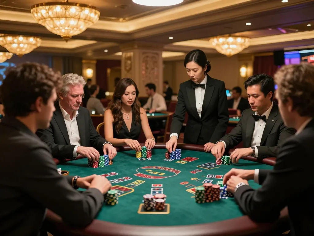 O8 players actively enjoying a thrilling blackjack game with vibrant chips at an elegant casino table
