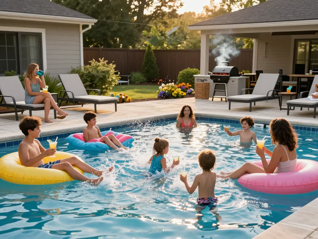 Family enjoying a summer day by their pool, showcasing Dolphin Pool Services maintenance and vibrant outdoor atmosphere.
