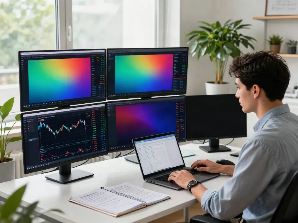 Trader analyzing TradingView charts in a modern workspace with multiple screens and financial tools.