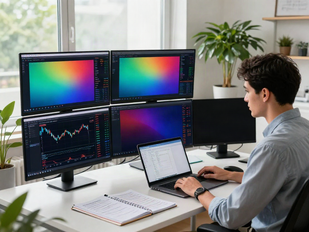 Trader analyzing TradingView charts in a modern workspace with multiple screens and financial tools.