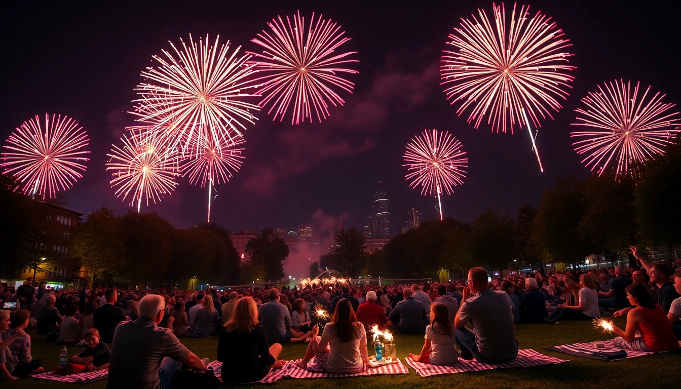 View of manchester fireworks illuminating the night sky over a joyful crowd in a park.