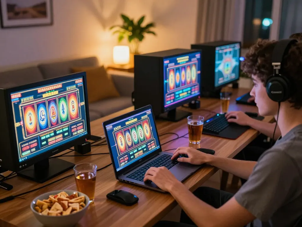 Person playing slot gacor gampang menang on laptop in a cozy home setting