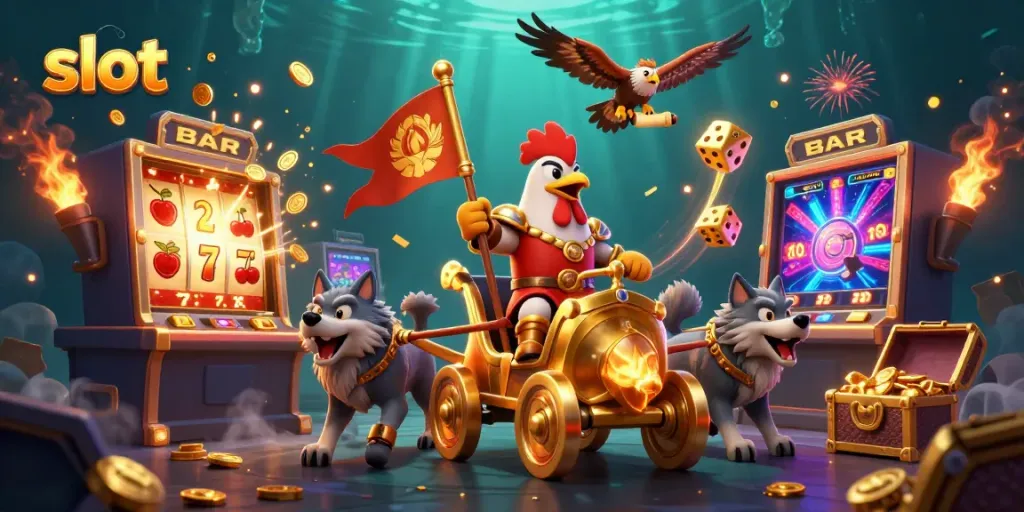 Experience the excitement of slots with a dynamic illustration featuring a rooster warlord and casino elements.