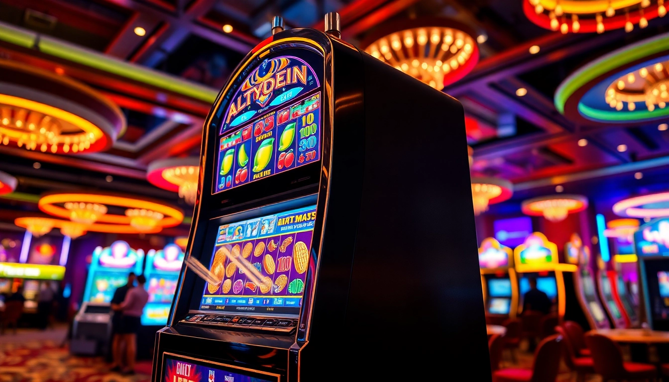 Slot77 mesin dengan simbol cerah dan cahaya menarik di kasino yang ramai.
