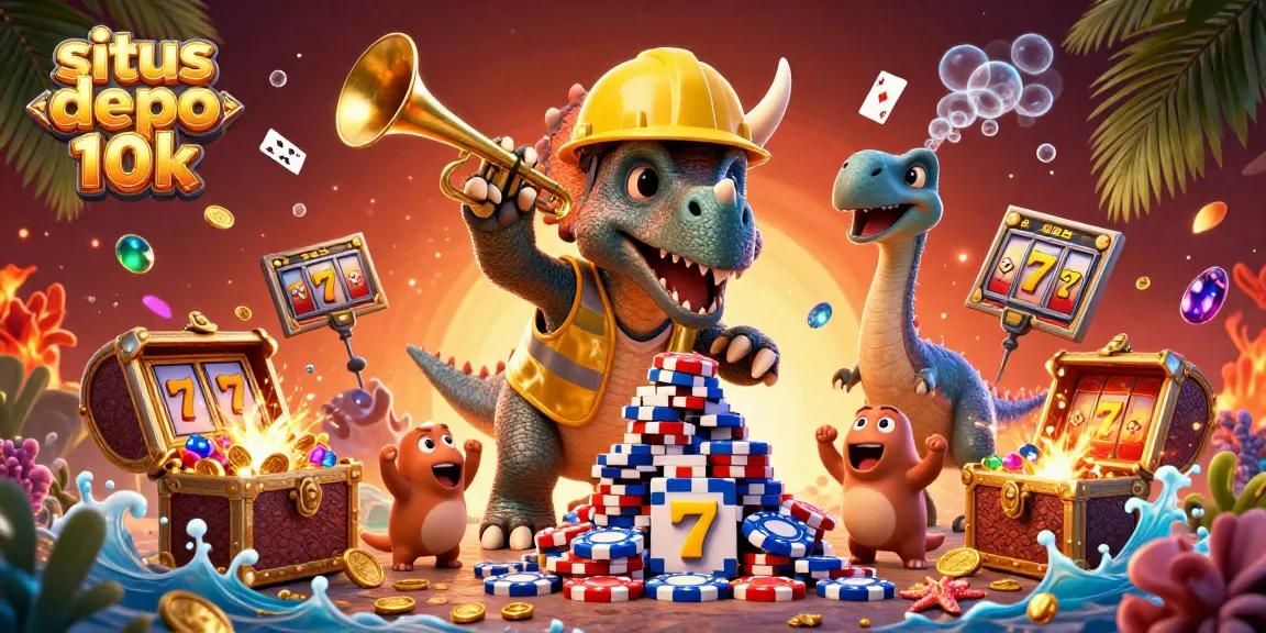 Situs depo 10k showcases a vibrant 3D scene with animated characters celebrating while building poker chip towers amidst dynamic gaming elements.