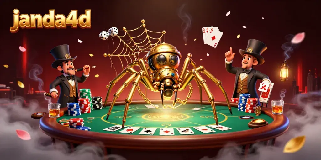 Permainan slot janda4d dengan karakter menarik dan tumpukan chip poker yang mengesankan.