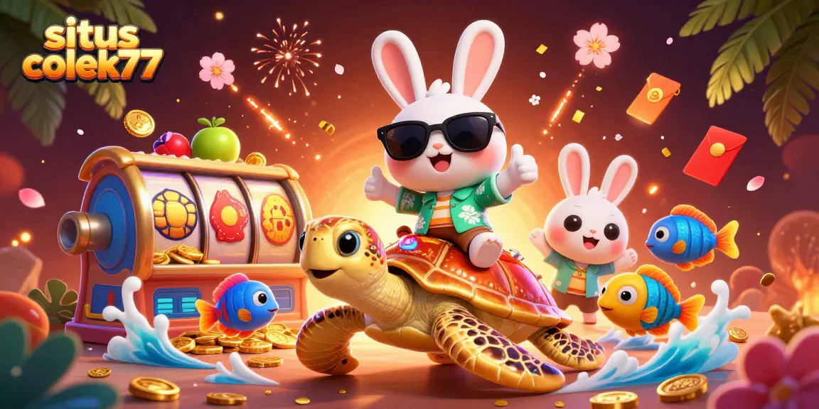 Experience thrills at situs colek77 with vibrant slot reels and playful characters in a casino setting.