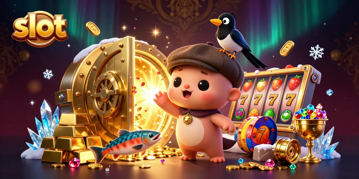 Spin to win with vibrant slot reels and sparkling treasures in this playful casino scene.