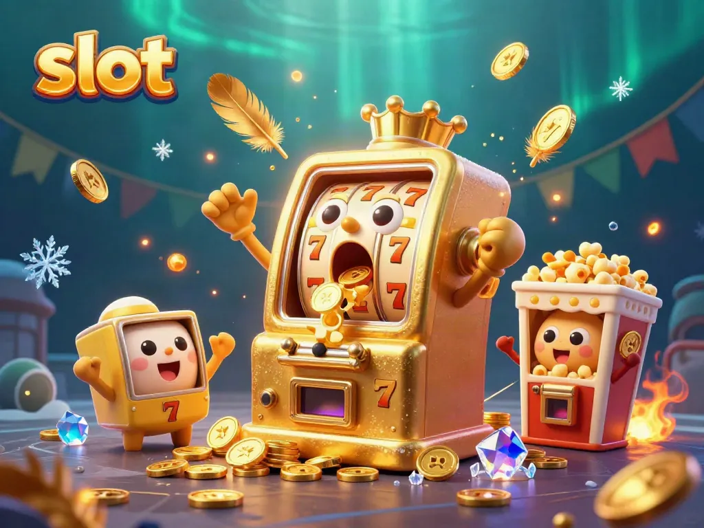 Slot mesin emas yang mendapatkan jackpot dengan koin berhamburan di mulutnya, dalam suasana ceria.