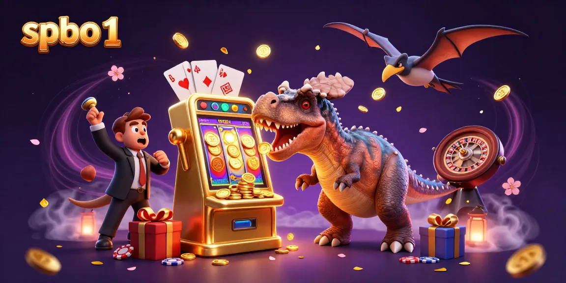 Catch the jackpot with spbo 1 as a pachycephalosaurus plays a golden slot machine in a vibrant casino scene.
