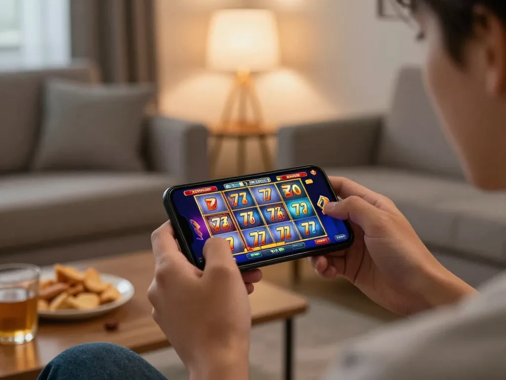 Play dynamic slot77 games on mobile in a cozy home gaming setup.