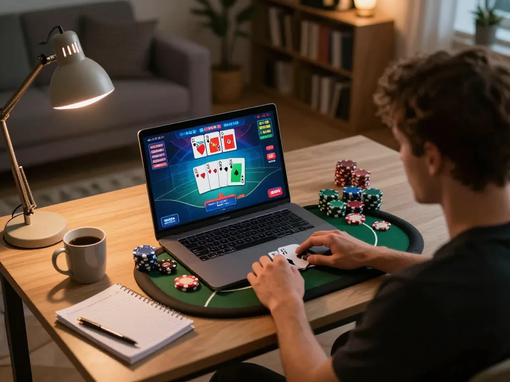 Experience strategic online poker gameplay at uu88 okwin in a cozy home setting, highlighting the excitement.