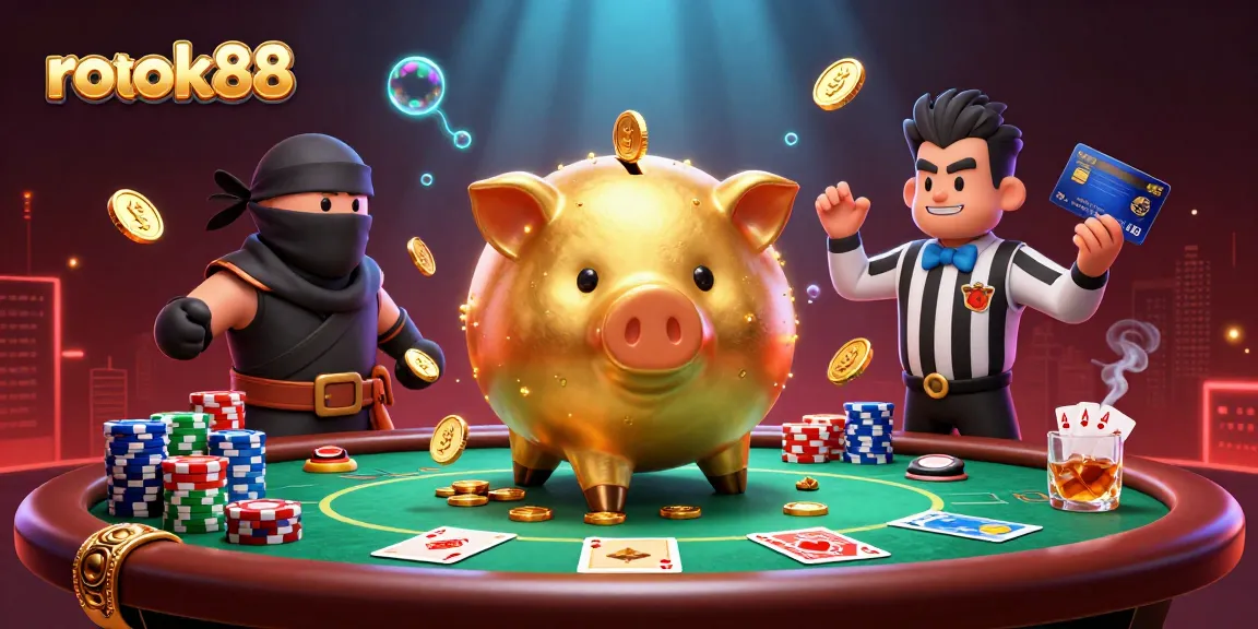 Experience the thrill with rokok88 as the golden piggy bank sumo wrestler breaks the casino game atmosphere.
