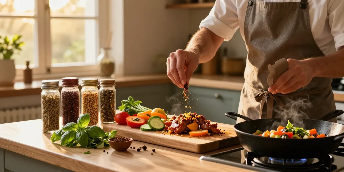 Chef würzt ein Gericht mit Gewürzen und zeigt lebendige Gewürze sowie frische Zutaten in einer gemütlichen Küche.