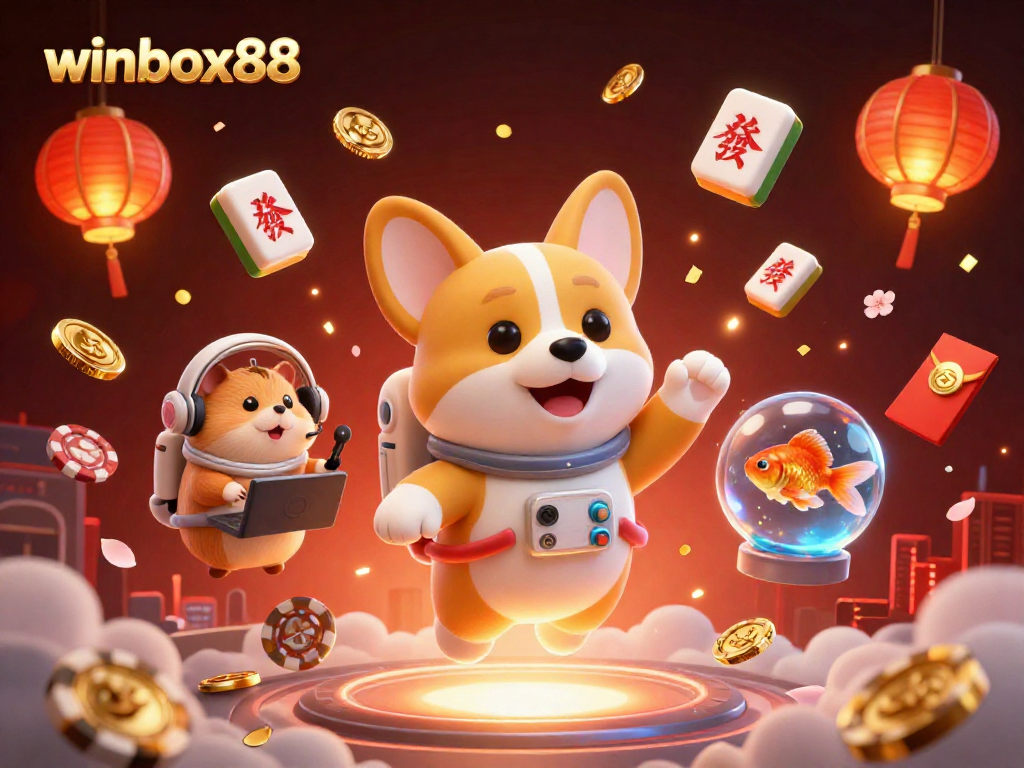 Winbox88's dynamic gaming experience showcased with a 3D cartoon astronaut corgi in a casino.