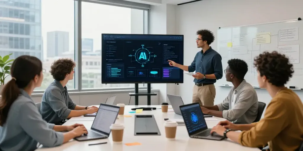 AI content creation for startups at modern workspace with diverse team collaborating on innovative strategies.
