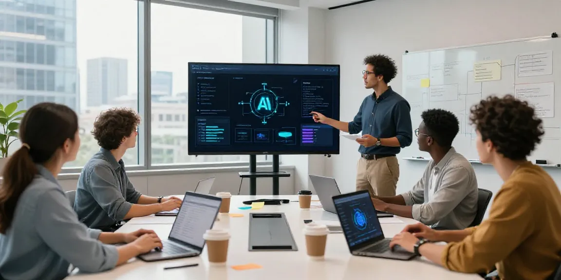 AI content creation for startups at modern workspace with diverse team collaborating on innovative strategies.