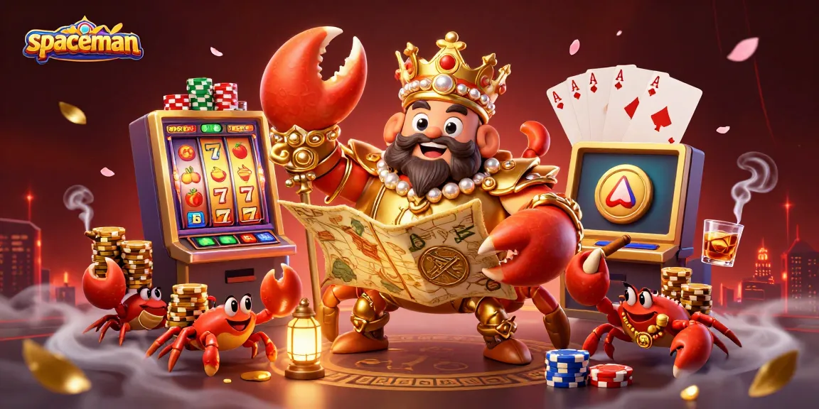 Win big with spaceman slot games featuring a golden crab emperor amidst vibrant casino elements.