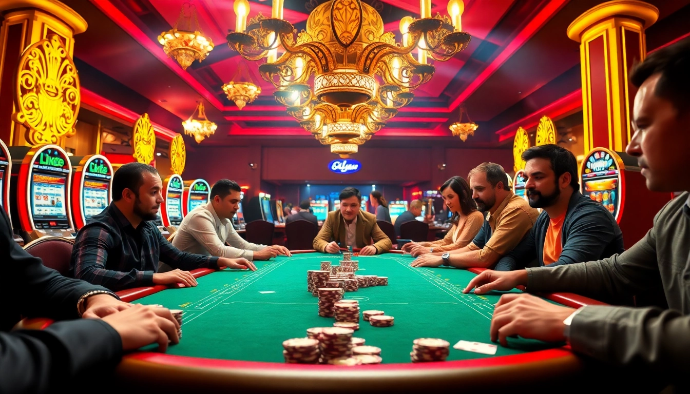 Permainan poker di kasino bbni4d dengan pemain bersemangat dan lampu yang menawan.