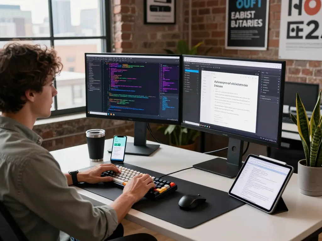 Developer using ClawdBot AI on dual monitors in a modern workspace, showcasing coding and productivity tools.