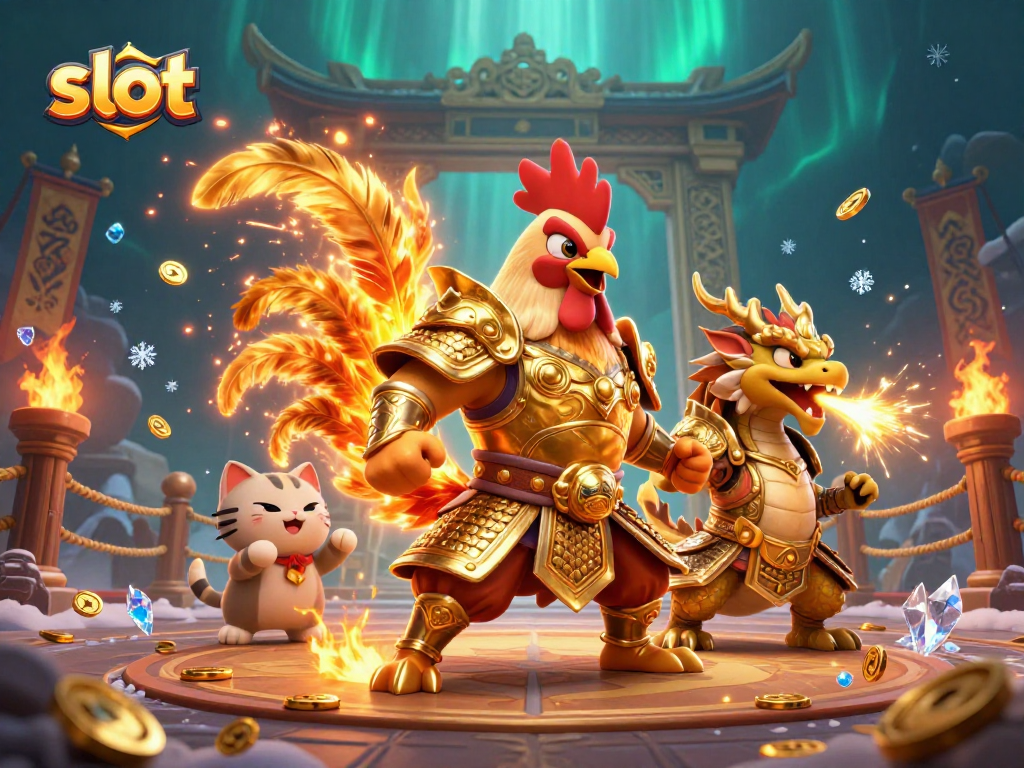 Spin the slot reels in a vibrant, colorful scene with cartoon warriors and a cheering mascot