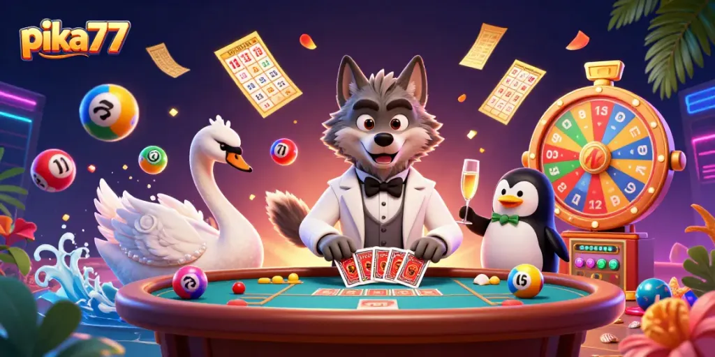 Engage in thrilling gaming action with pika77 featuring a baccarat table and lively casino characters.