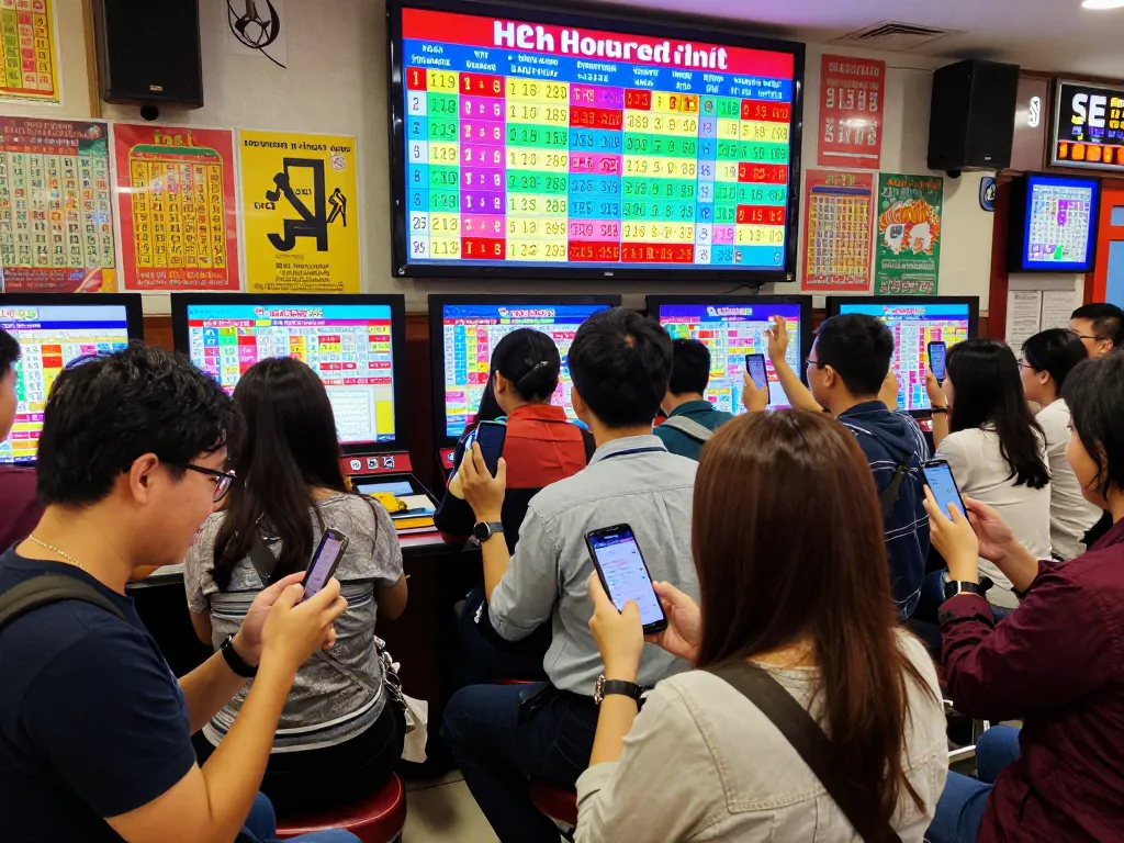 Players eagerly checking their results for HK Malam Ini in a lively lottery atmosphere.