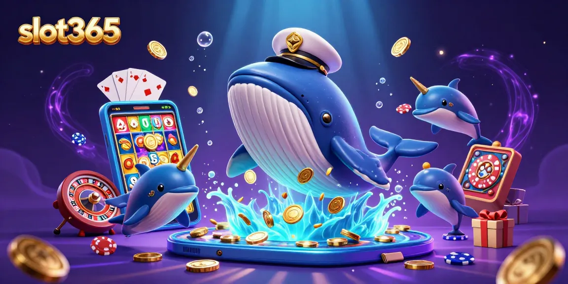 Experience the excitement of slot365 with a cartoon whale champion and vibrant casino elements.
