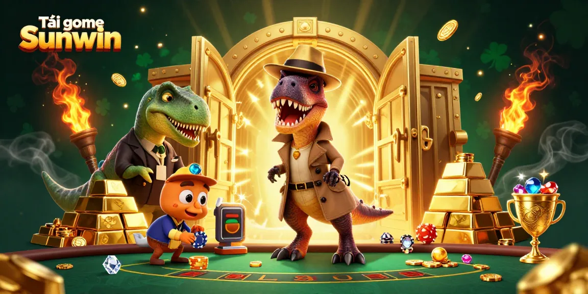 Tải game Sunwin and enjoy thrilling adventures at a vibrant blackjack table with animated dinosaurs.