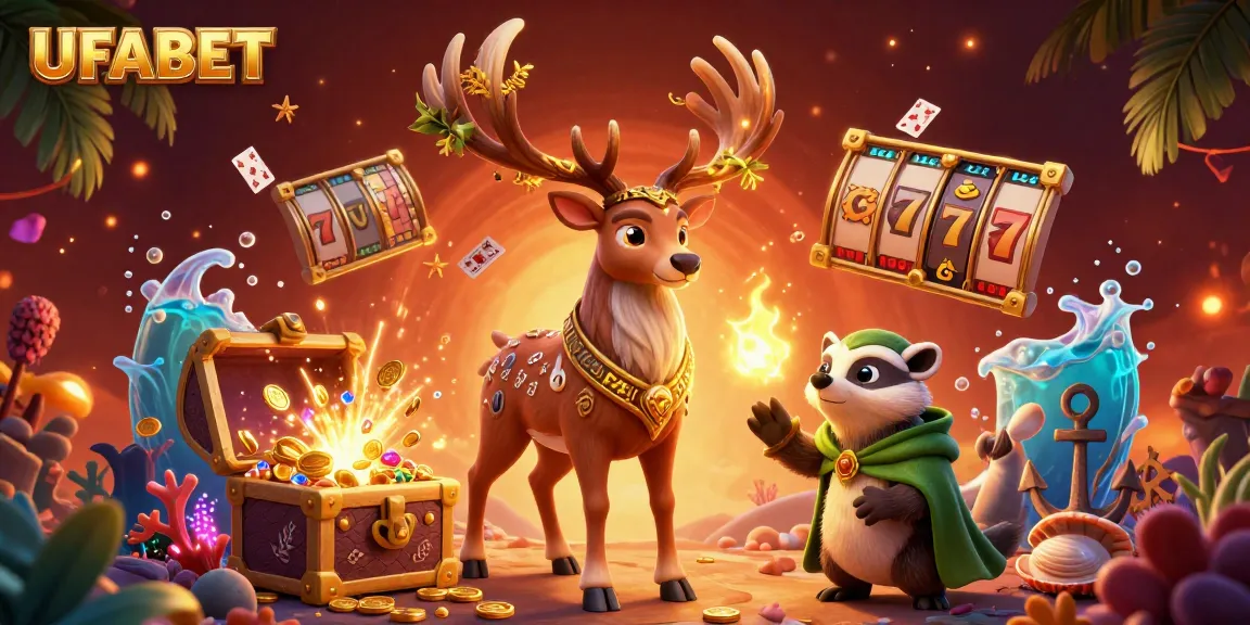 Bet with UFABET featuring a Celtic druid stag, jackpot slots, and vibrant casino action.