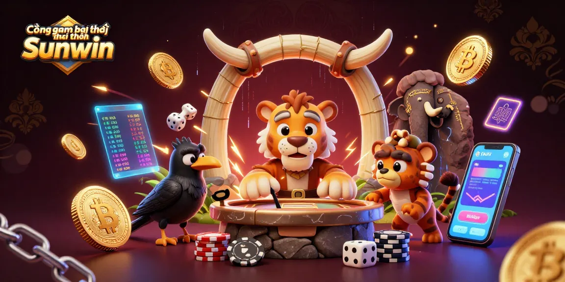 Cổng game bài đổi thưởng Sunwin features a dynamic scene with a caveman and sabertooth tiger in a prehistoric casino.