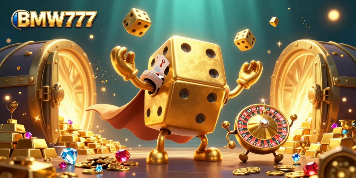 Experience the vibrant world of BMW777 with golden dice, jewels, and sparkling treasures.