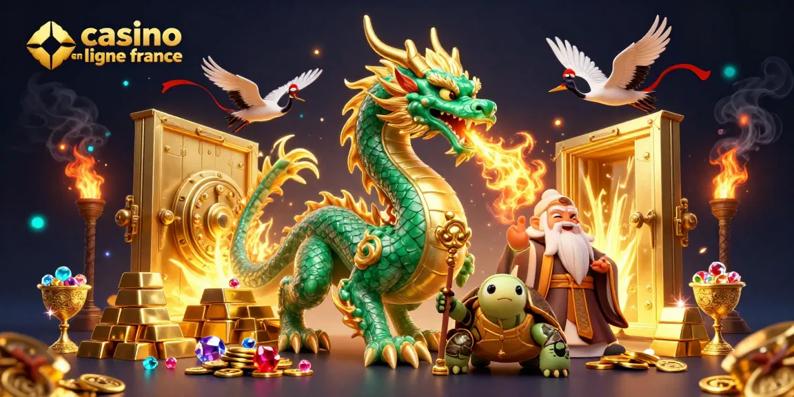 Découvrez un dragon émeraude au cœur du casino en ligne France, entouré de richesses.